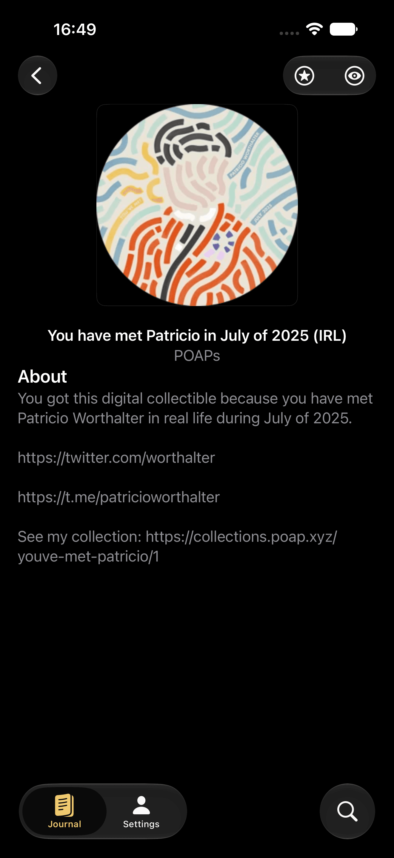 A POAP event collectible displayed in the NFT Gallery Widget app